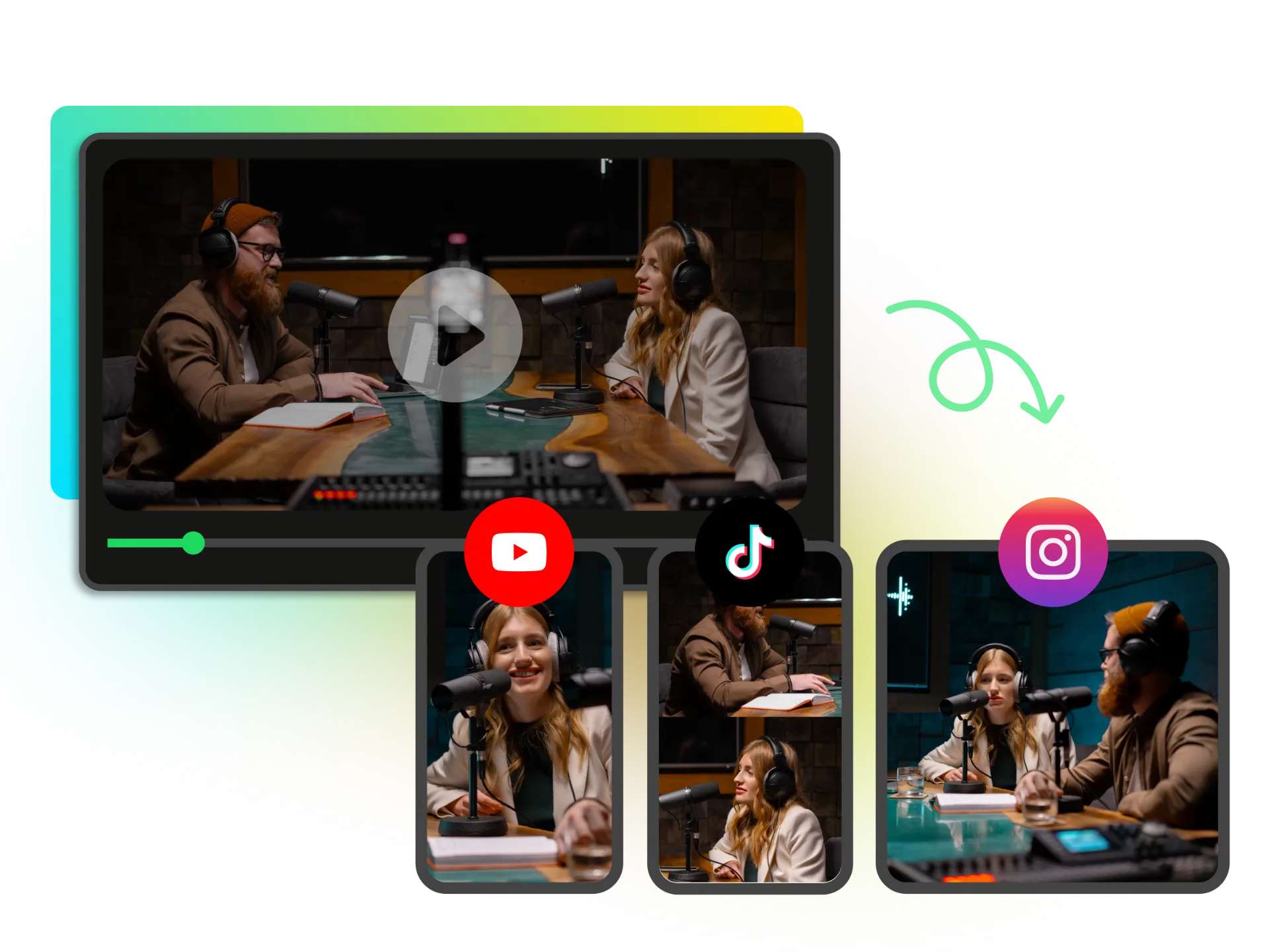 多平台匯出介面展示準備發佈到 Instagram 的 Reels，附帶自動產生的字幕和 Hashtag